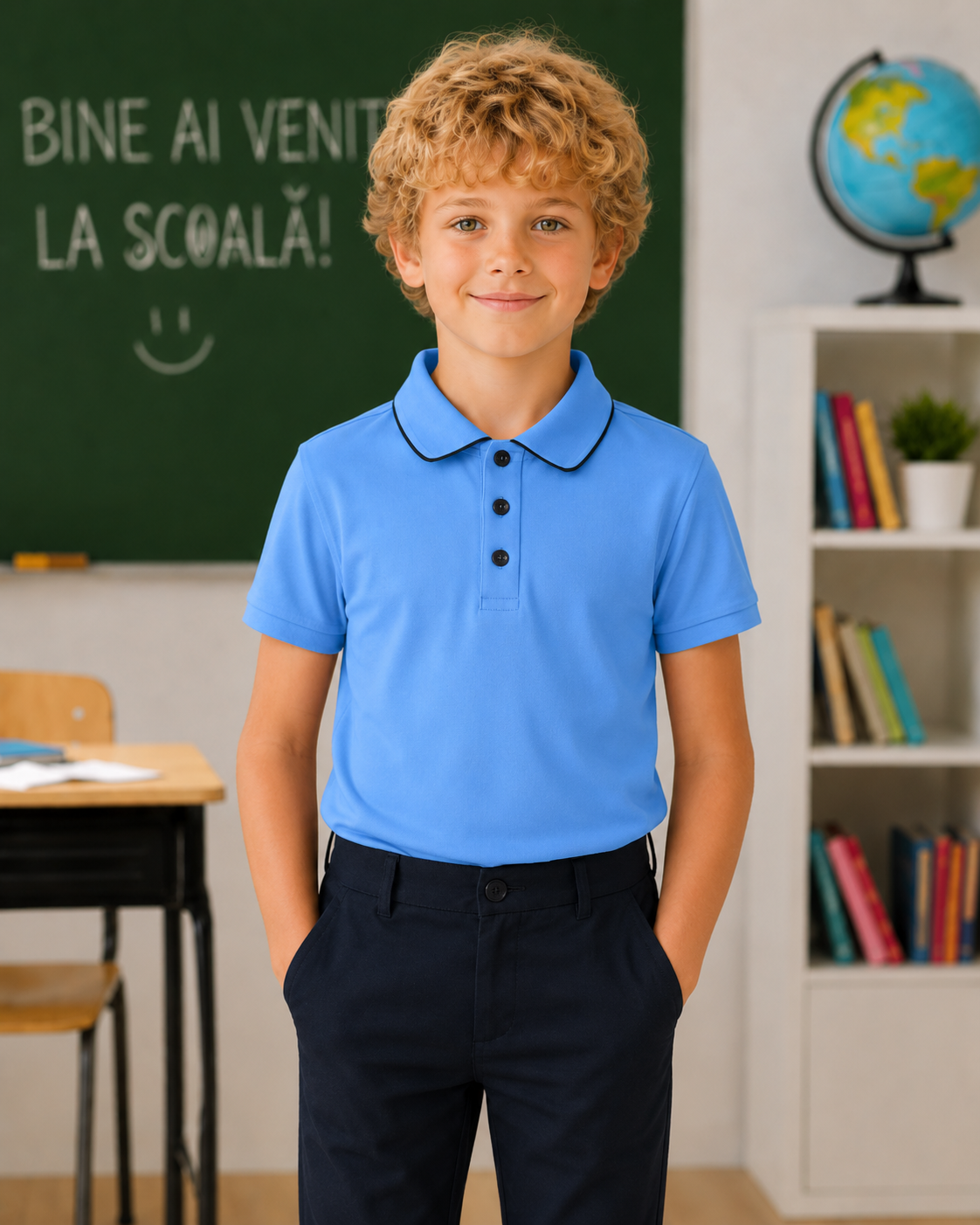 Tricou școală Gabriel maneca scurta bleu cu bleumarin