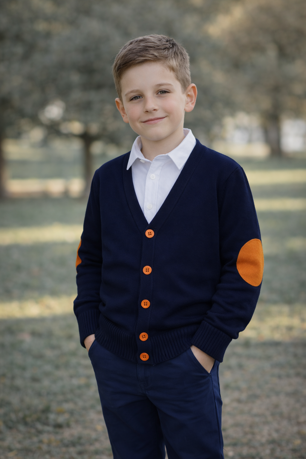 Cardigan școală Dorel bleumarin cu portocaliu