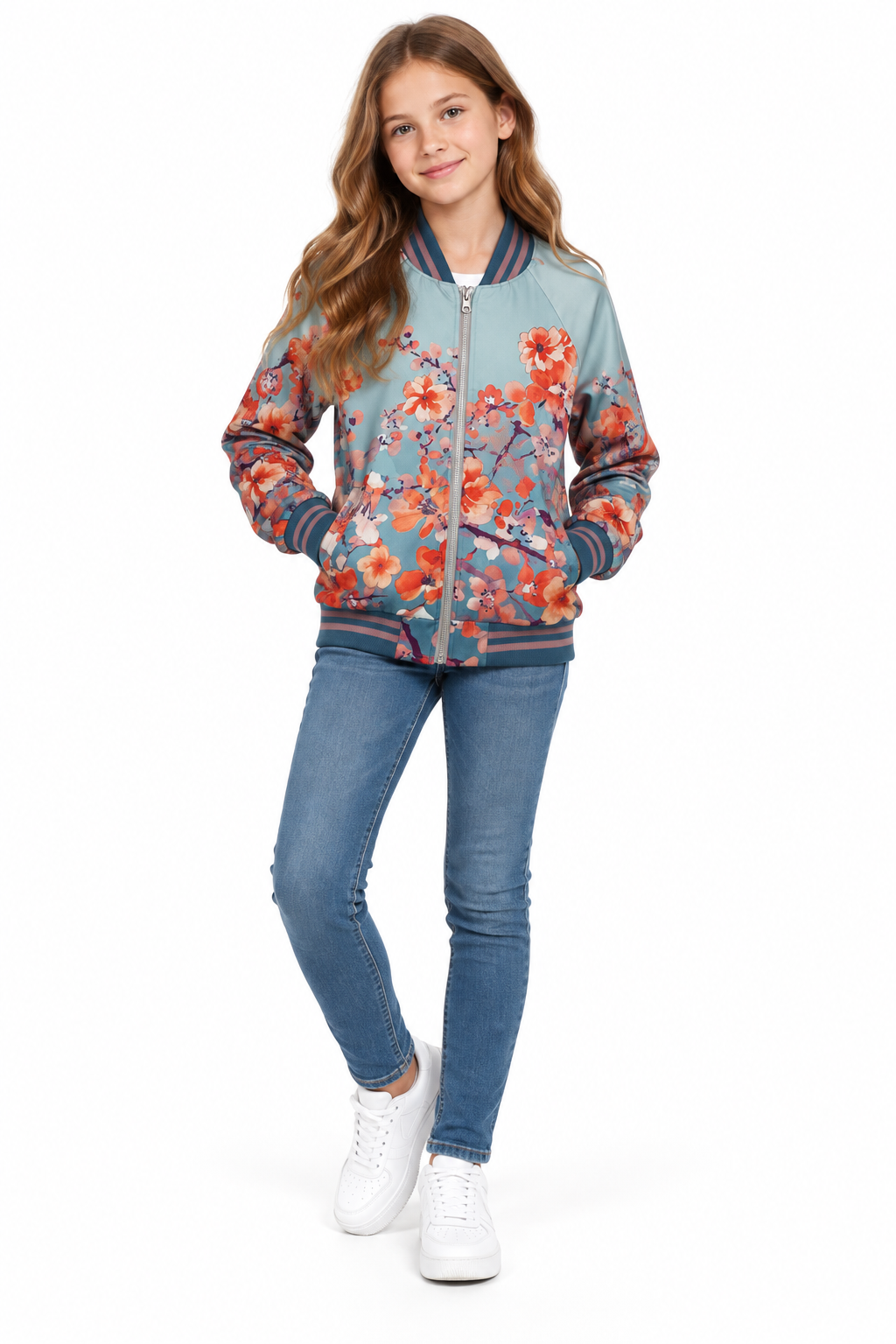 Geaca bomber Claudia bleu cu flori