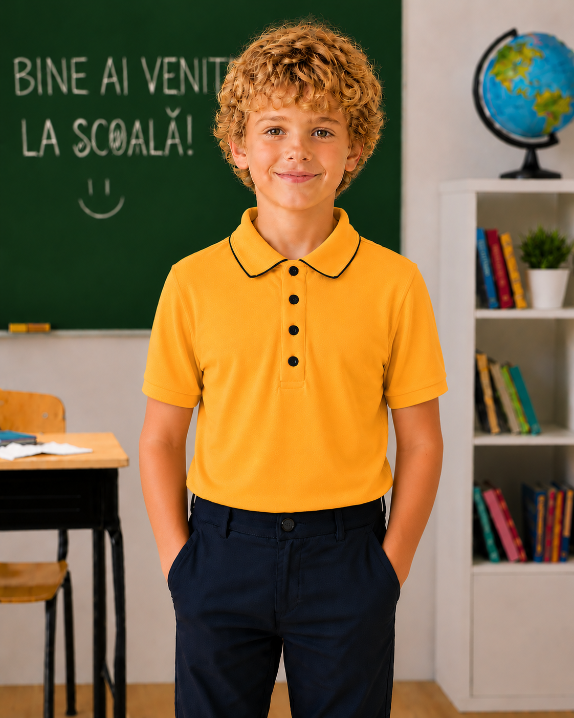 Tricou școală Gabriel maneca scurta galben cu bleumarin