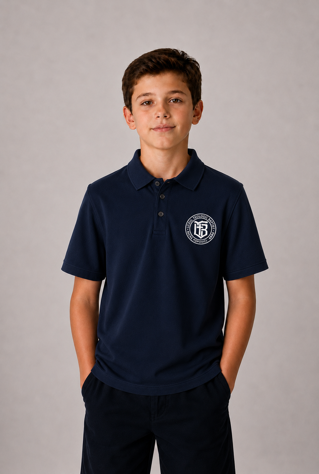 Tricou polo maneca scurta Lic.Teologic Baptist Alexa Popovici bleumarin